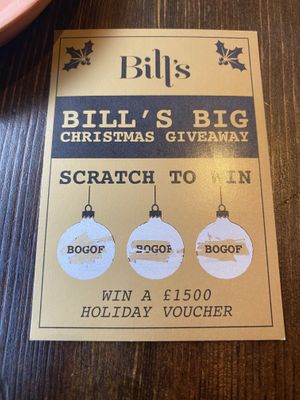 Scratch card came with the bill  at Bill's in Manchester