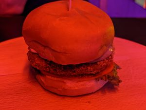 Un-chicken burger. Nice bun and patty. at Comfort Kitchen in Tbilisi