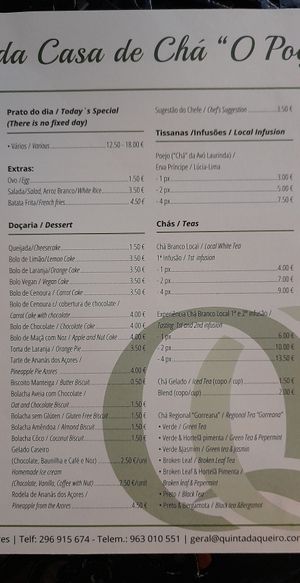 Menu October 2024 at Casa de Chá “O Poejo” in Sete Cidades