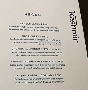 Vegan section of the menu  at Kashmir in Taguig