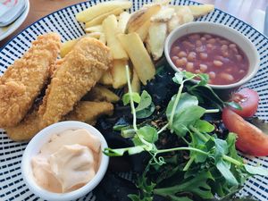 Vegan nuggets and mayo, chips, baked beans and salad   at The Bank House Cafe in Charmouth