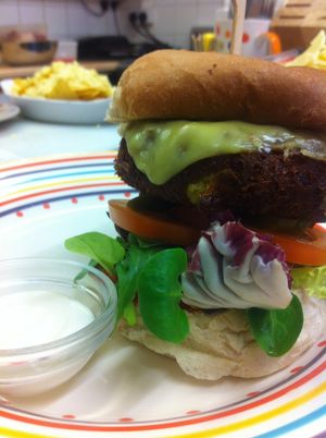 The Vegan spicy lentil burger with vegan cheese at Rock Ola in Brighton
