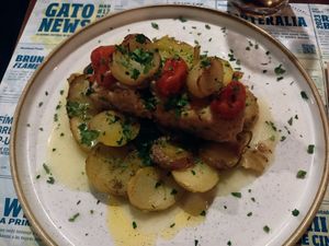 "Vacalao" (vegan fish), interesting take on a traditional non-vegan dish at Distrito Vegano Invernadero in Madrid