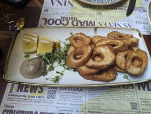 Mushroom 'calamari' - delicious! at Distrito Vegano Invernadero in Madrid