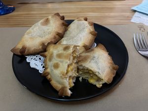 Sweetcorn & vegan cheese empanadas   at Good Mood in Santa Pola