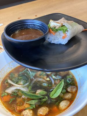 Vegetable broth soup and tofu spring roll ￼  at 123 Pho in Los Angeles