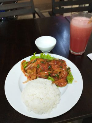 A fried "chicken" dish (forget exact name) with watermelon juice at Tinh Tam Vegan in Hue