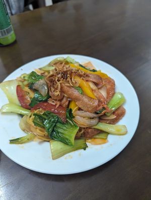 Fried noodles with veg and soy chicken at Tinh Tam Vegan in Hue