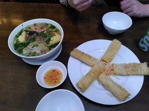 noodle soup and fried spring rolls at Tinh Tam Vegan in Hue