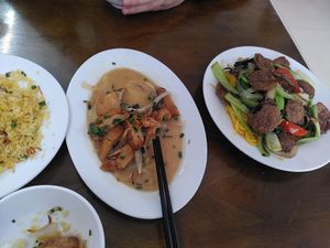 chicken with coconutsauce, noodles with beef at Tinh Tam Vegan in Hue