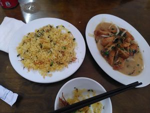 fried rice, chicken with coconut sauce at Tinh Tam Vegan in Hue