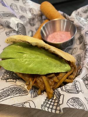 Arepa with “carne mechada"  at La Loncheria Bcn in Barcelona