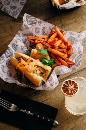 “BAHN MI”
Vietnamese sandwich, filled with an incredible combination of shitake mushrooms and tofu, marinated in a secret sauce, pickled vegetables and a vegan mayonnaise dres at La Loncheria Bcn in Barcelona