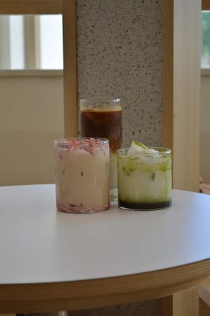 Iced strawberry latte, iced matcha, iced black coffee at Nuldam Space - 널담은공간 경복궁점 in Seoul