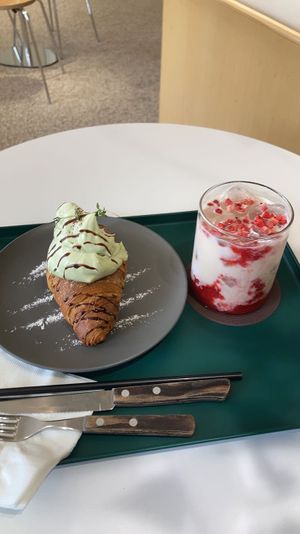 Matcha croissant and strawberry milk  at Nuldam Space - 널담은공간 경복궁점 in Seoul