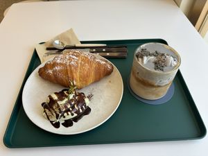 Matcha cream croissant and signature latte  at Nuldam Space - 널담은공간 경복궁점 in Seoul