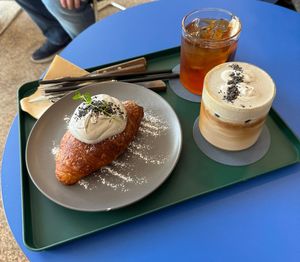 Black sesame croissant & black sesame latte!   at Nuldam Space - 널담은공간 경복궁점 in Seoul