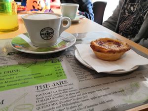 Vegan cappuccino and vegan pastel de nata at O Ninho Family Bar in Lagos