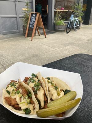 Garlic Sammy special as gluten free tacos! Roasted soy curl, broccoli rabe,creamy roasted garlic sauce, pickled green garlic, smoky side pickle. at Sammies in Bellingham