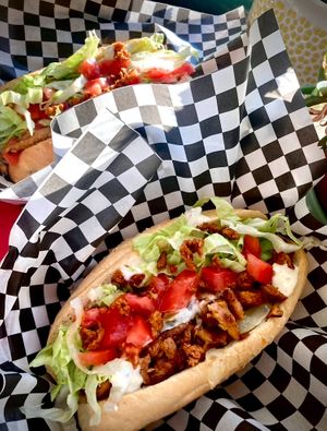 Chicken Bacon Ranch Special: roasted soy curls, house ranch, fresh tomato and lettuce with housemade bacon bits.  at Sammies in Bellingham