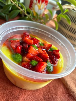 Strawberry Lemonade Custard Cup dessert special: 
Housemade pound cake, vanilla custard, macerated local strawberries, fresh lemon curd, sorrel puree at Sammies in Bellingham