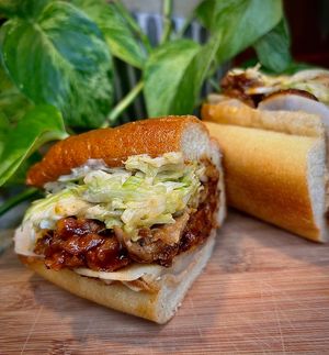 Japanese BBQ Special: Roasted soy curls, house japanese bbq sauce, pickled daikon, burnt miso mayo slaw at Sammies in Bellingham