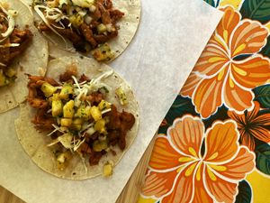 Al Pastor Taco Specials:
Roasted soy curls marinated with chilis and pineapple juice, fresh cabbage, pineapple chipotle salsa and grilled pineapple salsa at Sammies in Bellingham