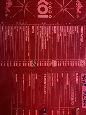 Main food menu, note several items in each section marked vegan  at KOI Beer & Dumplings - Lavalleja in Buenos Aires