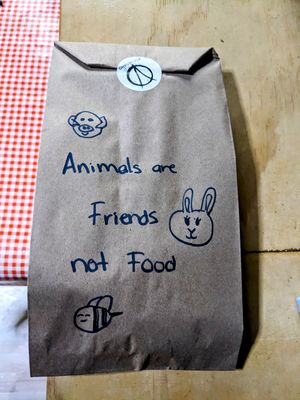 Hand-drawn artwork on each to-go bag 💖 at V De Vegano  in Mexico City