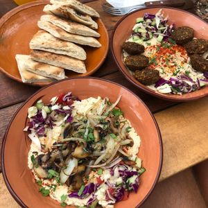 Hummus with mushrooms, and one mixed with Falafel at El Falafeliz in Tulum