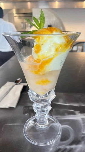 Vegan lime ice cream over triple sec & lychees.  at Crepes & Waffles - San Pedro in Cartagena