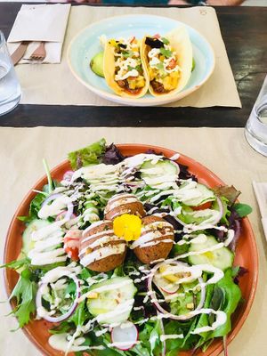 Falafel plate (nice and large!) and Jackfruit Tacos  at Puravita Vegan  in Estepona