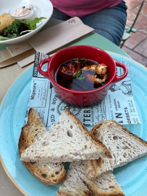 "shrimps", like real ones, but made of plants, they look like a shrimp, taste like shrimp, smell like a shrimp, and even the texture is like a shrimp at Puravita Vegan  in Estepona