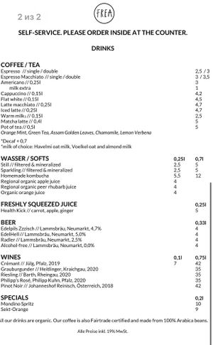 menu for drinks  at FREA Bakery in Berlin