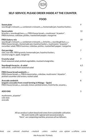 menu for food  at FREA Bakery in Berlin
