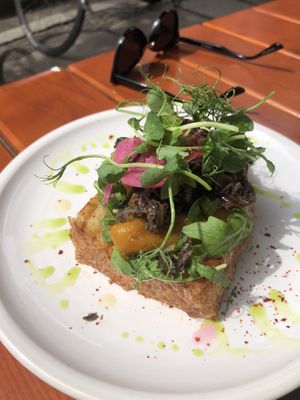 Brioche toast with mushroom topping   at FREA Bakery in Berlin
