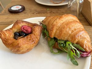 Savory croissant and a sweet thing I don’t remember the name of 😁  at FREA Bakery in Berlin