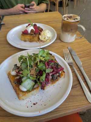 Front: flatbread toast (€11), back: french toast (€10)  at FREA Bakery in Berlin