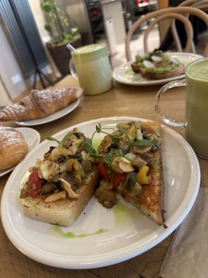 pistachio croissant and focaccia with ratatouille vegetables + matcha   at FREA Bakery in Berlin