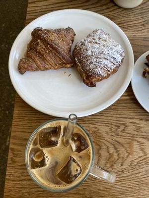 hazulnut croissants and iced oat latte  at FREA Bakery in Berlin
