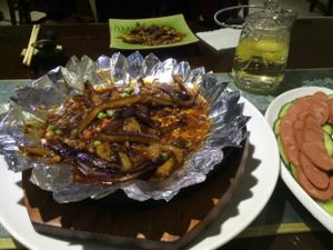 eggplant and cold sausage  at Fu Hui Ci Yuan Vegetarian Restaurant in Beijing