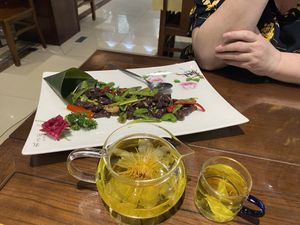 Mushrooms and lotus tea. None of us really liked the mushrooms...  at Fu Hui Ci Yuan Vegetarian Restaurant in Beijing