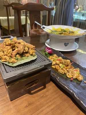 Fried mushrooms and “beef”, cold spicy mushrooms, and a mostly finished curry that had scallion pancakes  at Fu Hui Ci Yuan Vegetarian Restaurant in Beijing