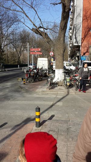 Turn right into the lane. This sign is about 50m from the Dong'anmen corner. The red sign on the pole clearly labels the way to get there at Fu Hui Ci Yuan Vegetarian Restaurant in Beijing