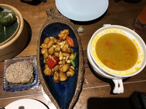 Kung pho chicken and bamboo soup  at Fu Hui Ci Yuan Vegetarian Restaurant in Beijing