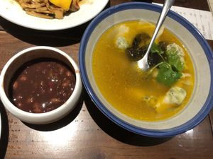 Wonton soup and red bean soup  at Fu Hui Ci Yuan Vegetarian Restaurant in Beijing
