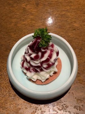 Yam & blueberry cream at Fu Hui Ci Yuan Vegetarian Restaurant in Beijing