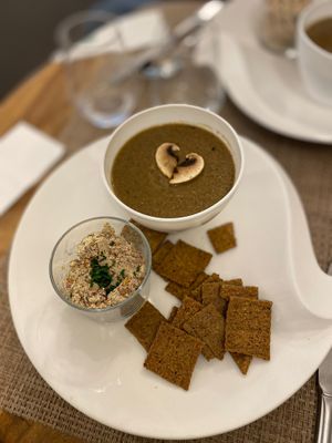 Mushroom soup with rosemary and walnuts rillettes with crackers  at Avec&Sans in Perigueux