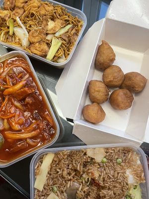 “Chicken” balls with sweet & sour sauce, veg fried rice,  Szechuan “duck”, tofu chow mein  at Vegan House in Pudsey