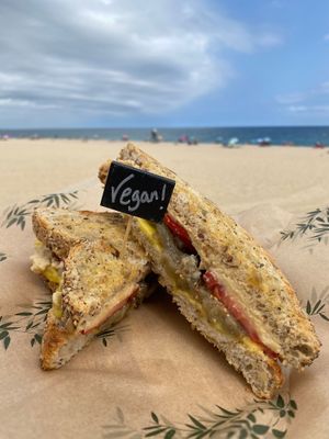 Roasted aubergine with hummus sandwich. at The Green Corner in Mataro